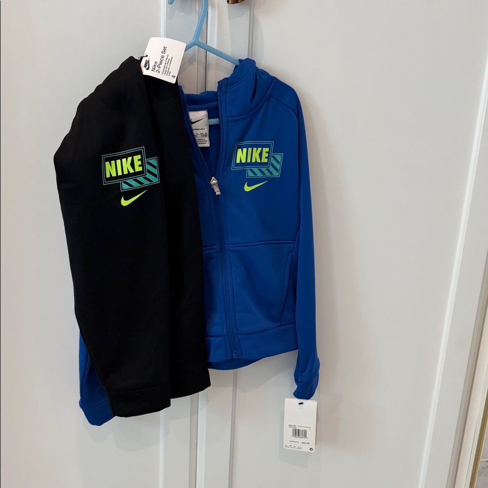 Nike Kids Blue & Black Zip Hoodie with Neon Green Logo